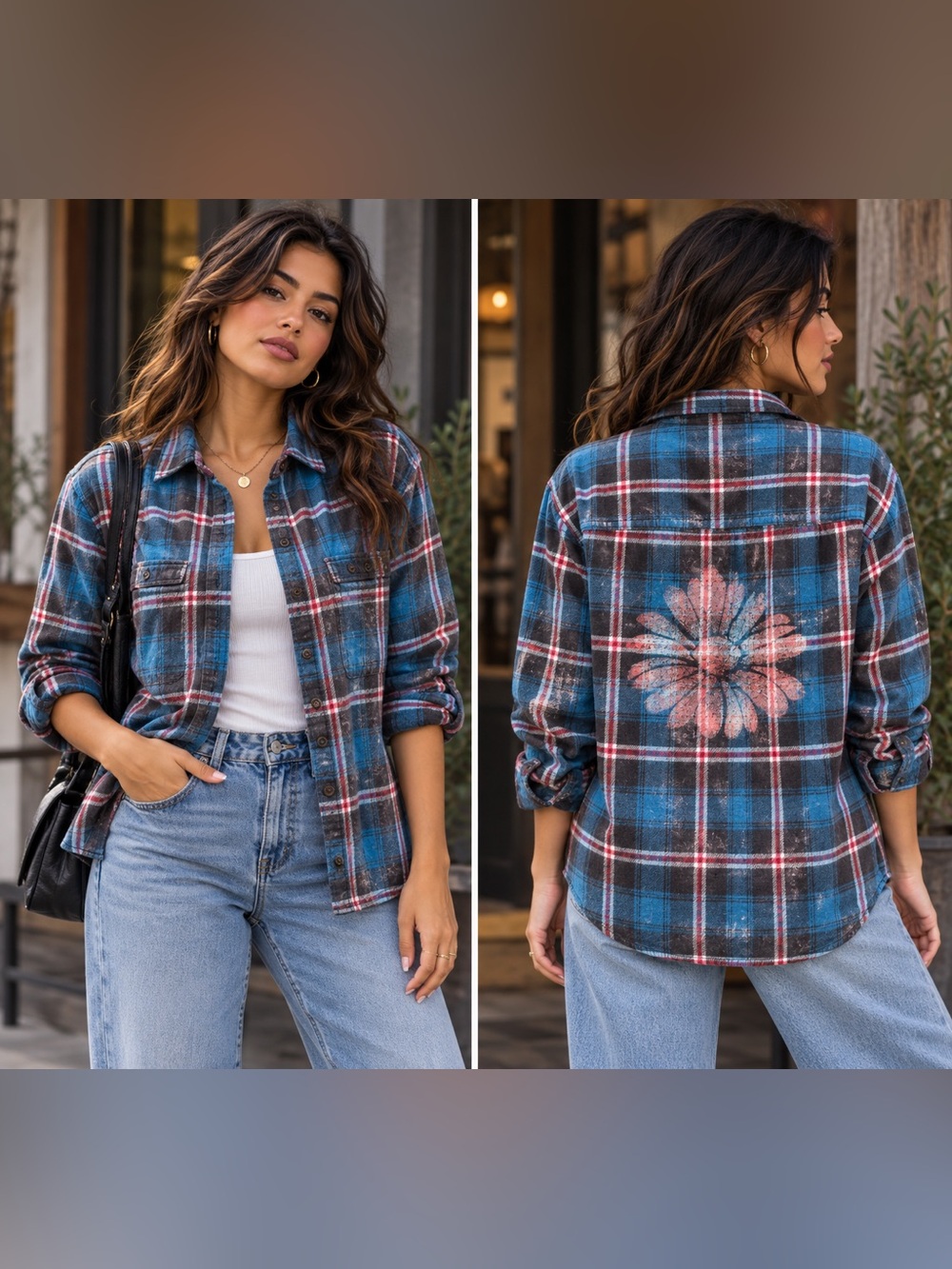 Upcycled Old Navy Plaid Flannel Large Bleached Flower Art OOAK Boho Grunge